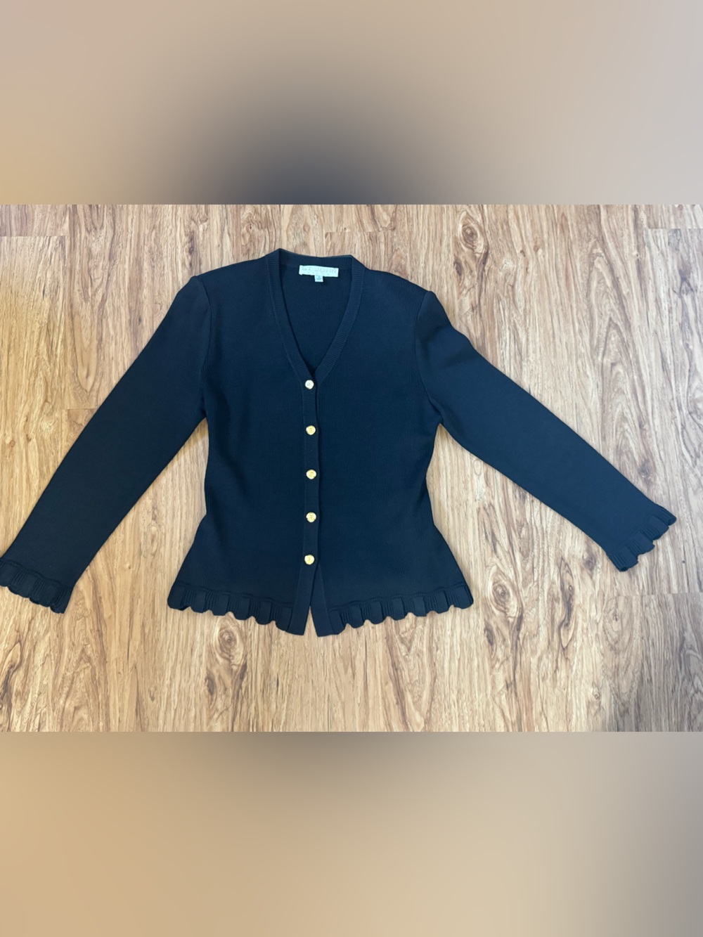 St. John Black Scallop-Hem Knit Blazer with Gold Buttons